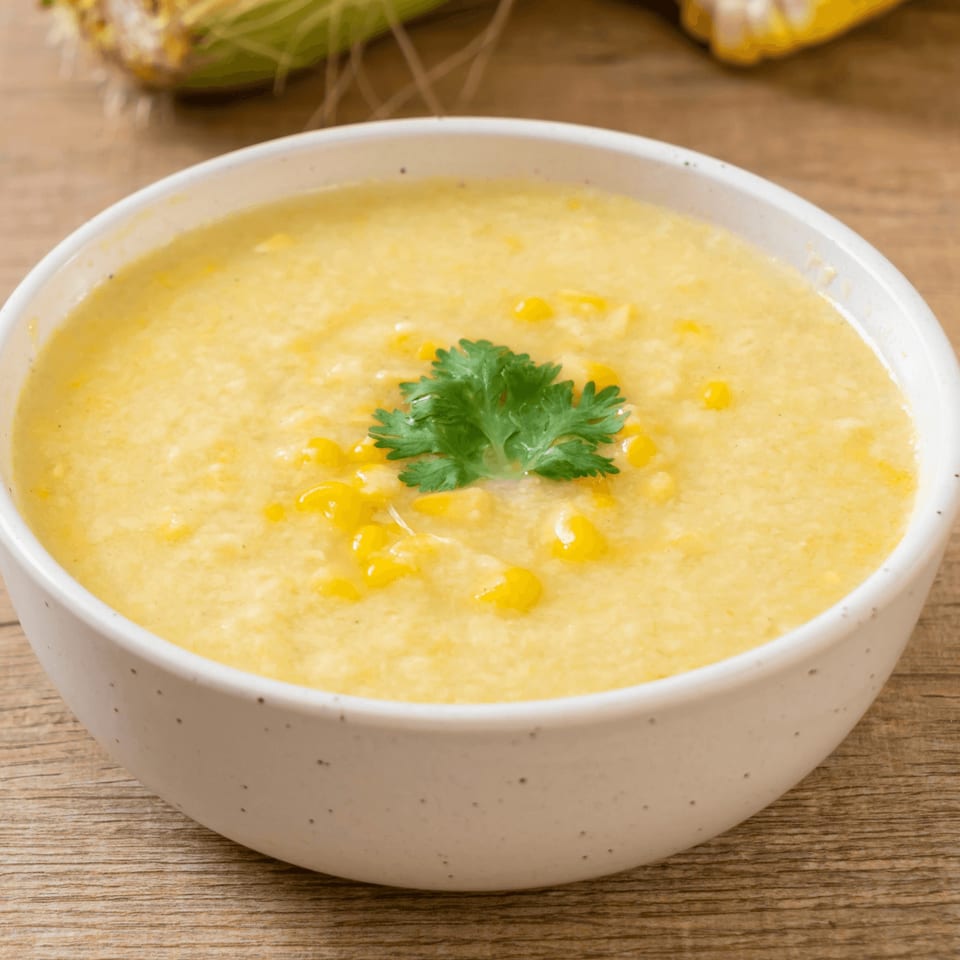 Creamy corn soup in a white bowl, garnished with fresh cilantro, on a wooden table.